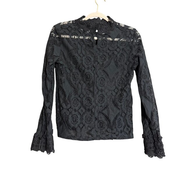 Guyueqiqin Floral Lace Mock Neck Blouse Top Women's Size Medium Black Party - Picture 8 of 8